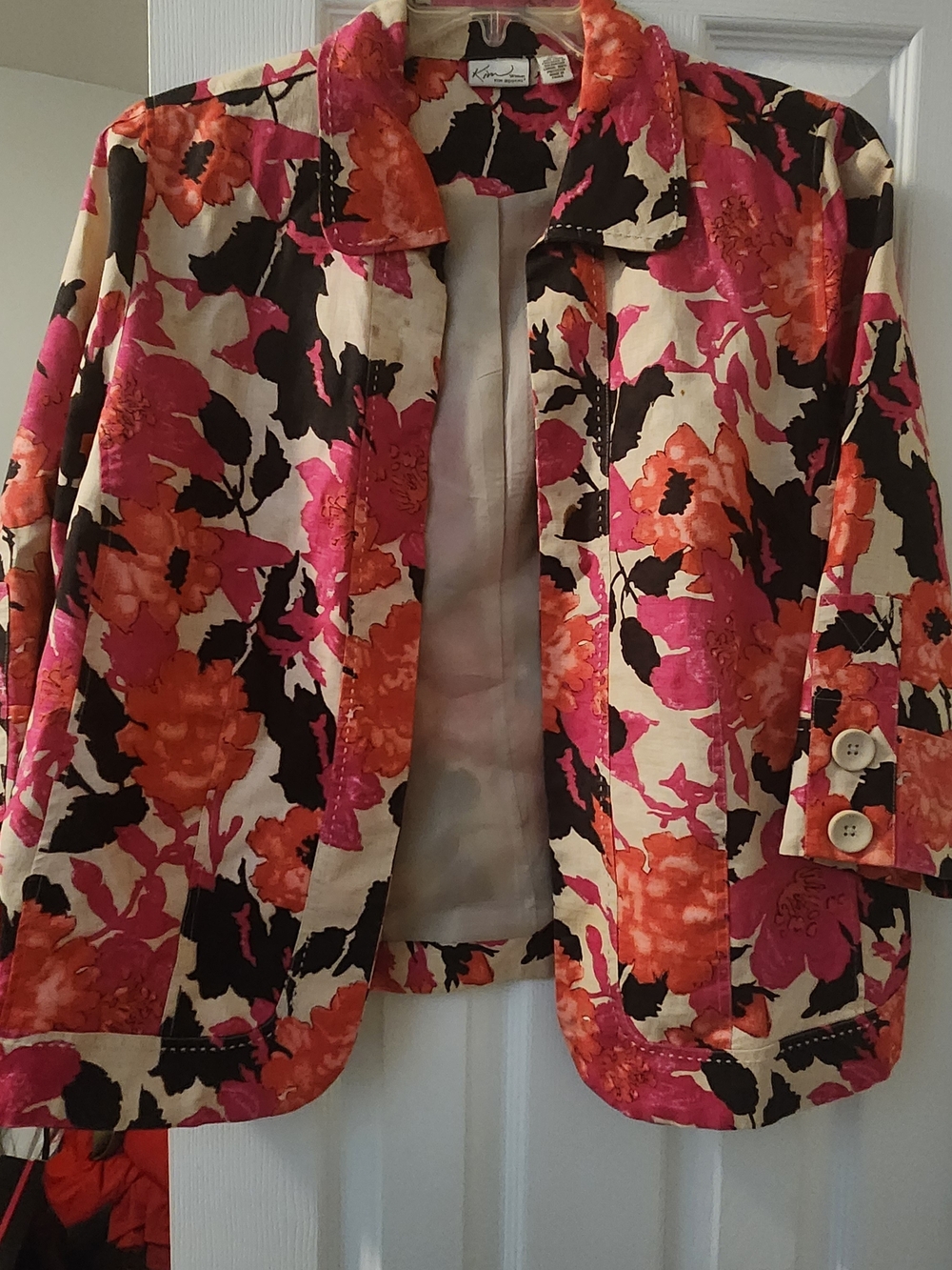 Kim Rogers Floral Blazer in Pink, Orange & Black on Cream - 1X